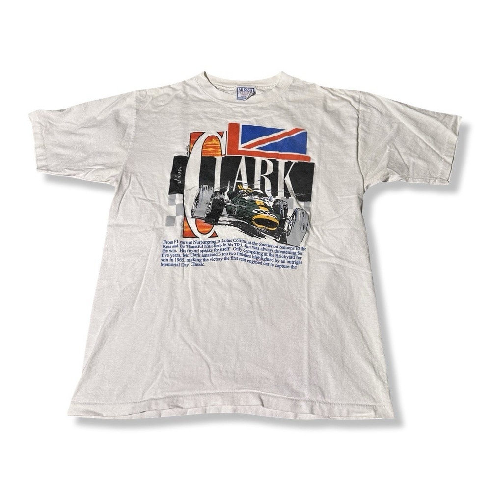 Vintage 90s Jeff Clark Formula 1 Racing White Graphic T Shirt Size Large Racing